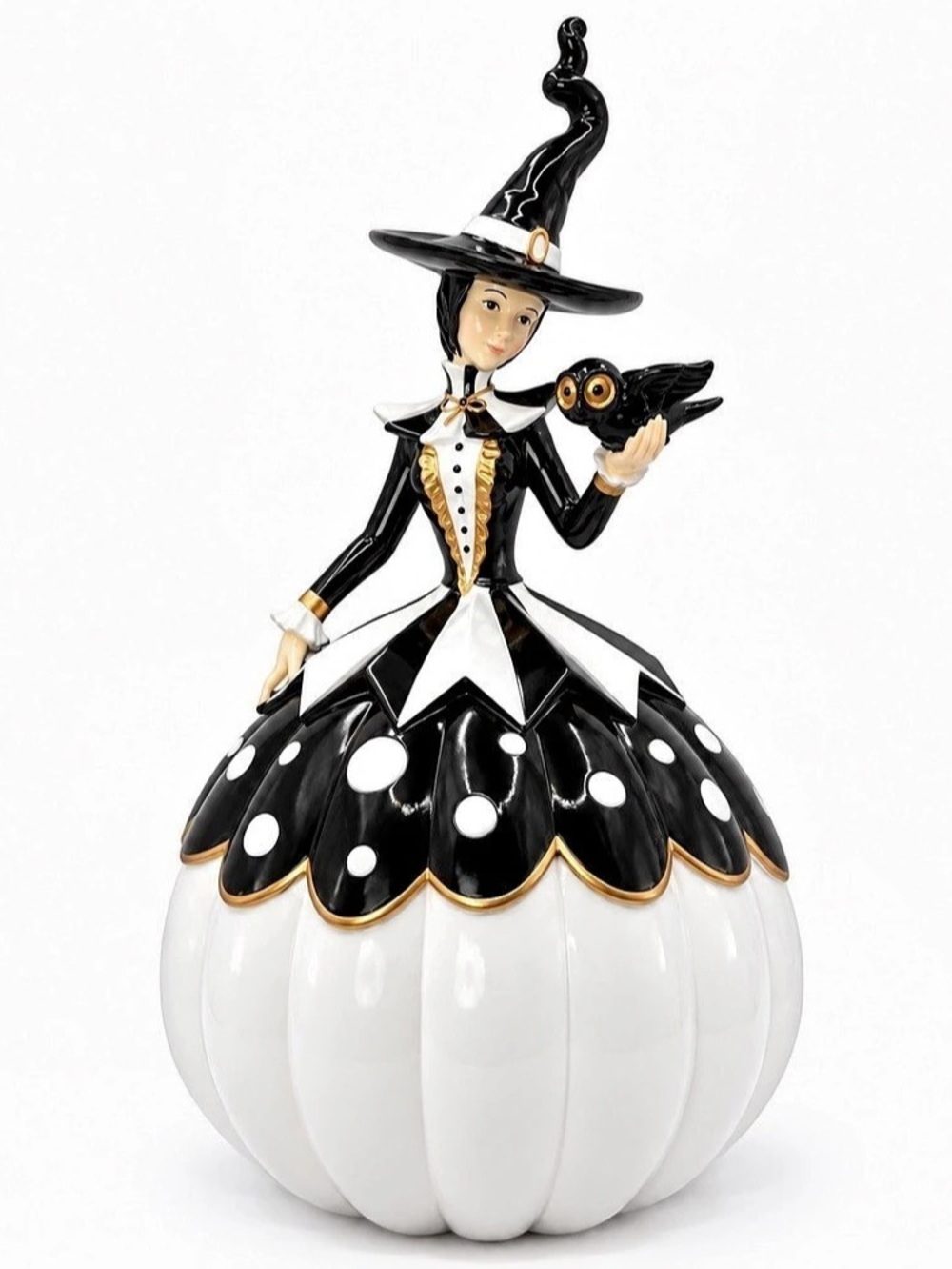 Bella Lux Halloween Witch with Owl White Pumpkin Black White Gold Resin Figurine
